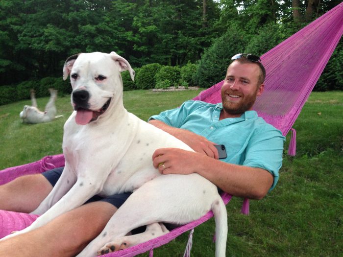 dogo argentino disfrutando una tarde con su amo sobre una hamaca