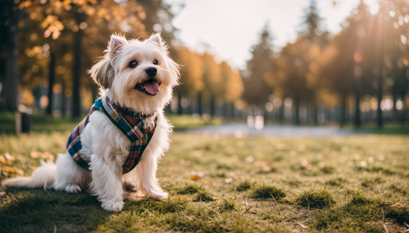 A fashionable dog posing in a colorful park, showcasing different faces, hairstyles, and outfits, photographed in high resolution. A fashionable dog posing in a colorful park, showcasing different faces, hairstyles, and outfits, photographed in high resolution.