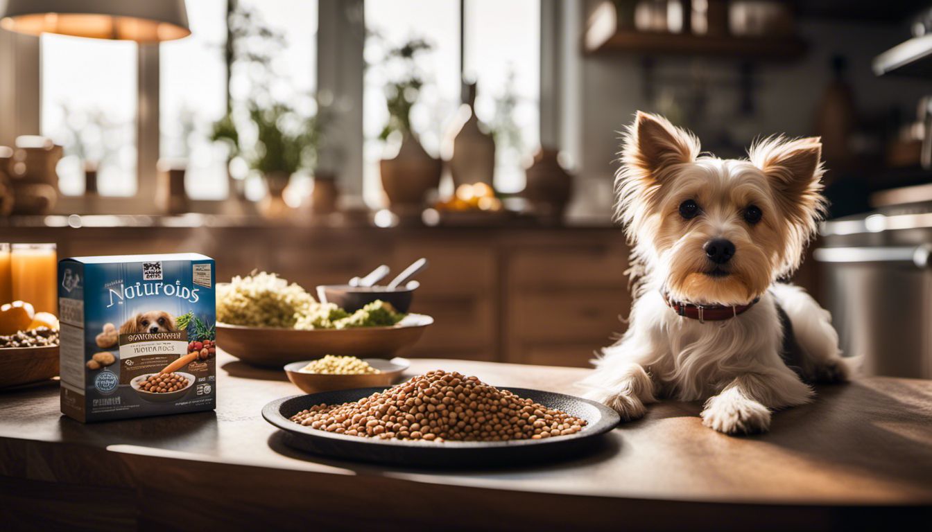 A small dog sits next to a bowl of nutritious dog food surrounded by healthy ingredients. A small dog sits next to a bowl of nutritious dog food surrounded by healthy ingredients.