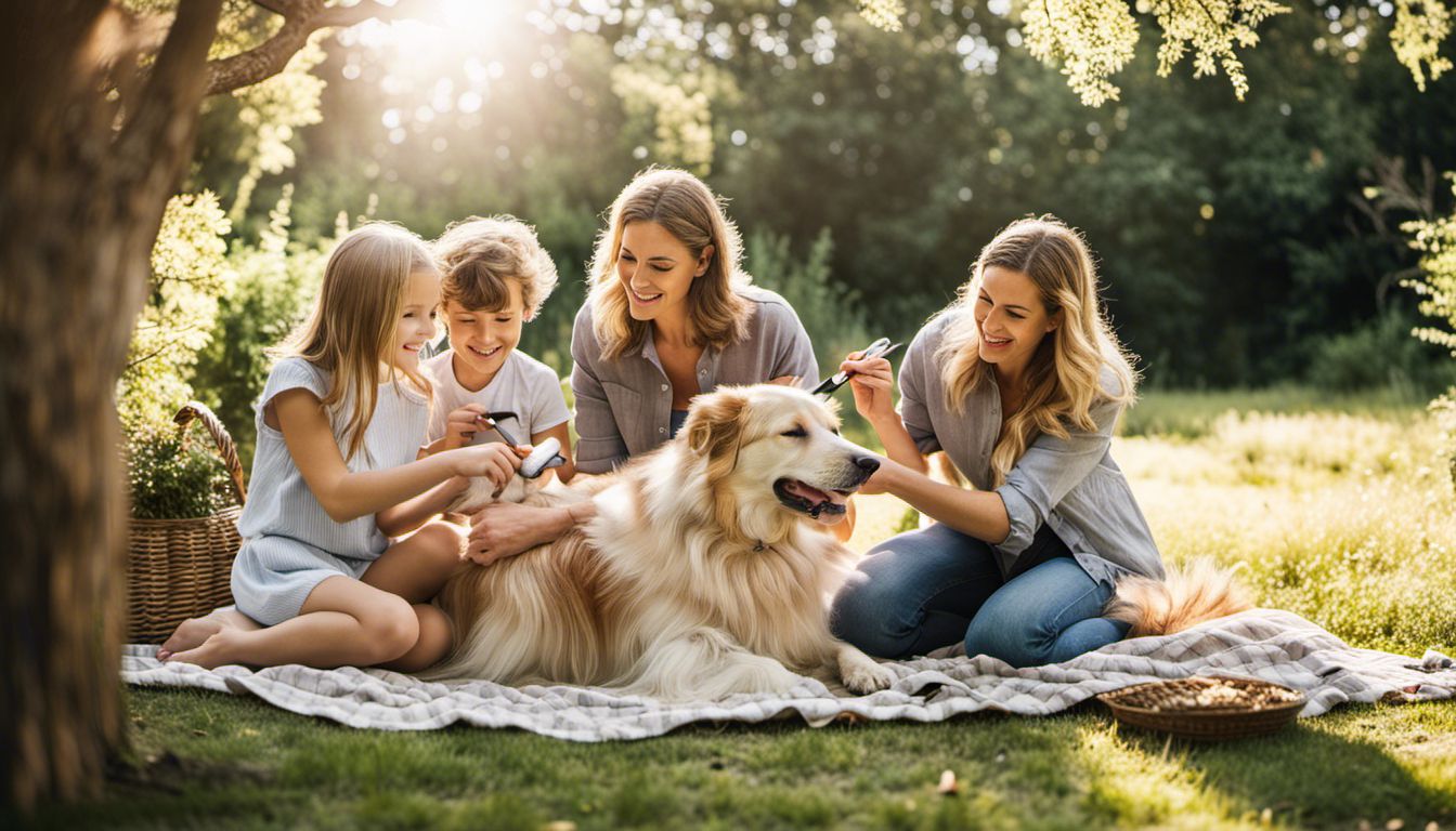 A Caucasian family enjoying time outdoors while brushing their dog's fur in a sunny garden. A Caucasian family enjoying time outdoors while brushing their dog's fur in a sunny garden.
