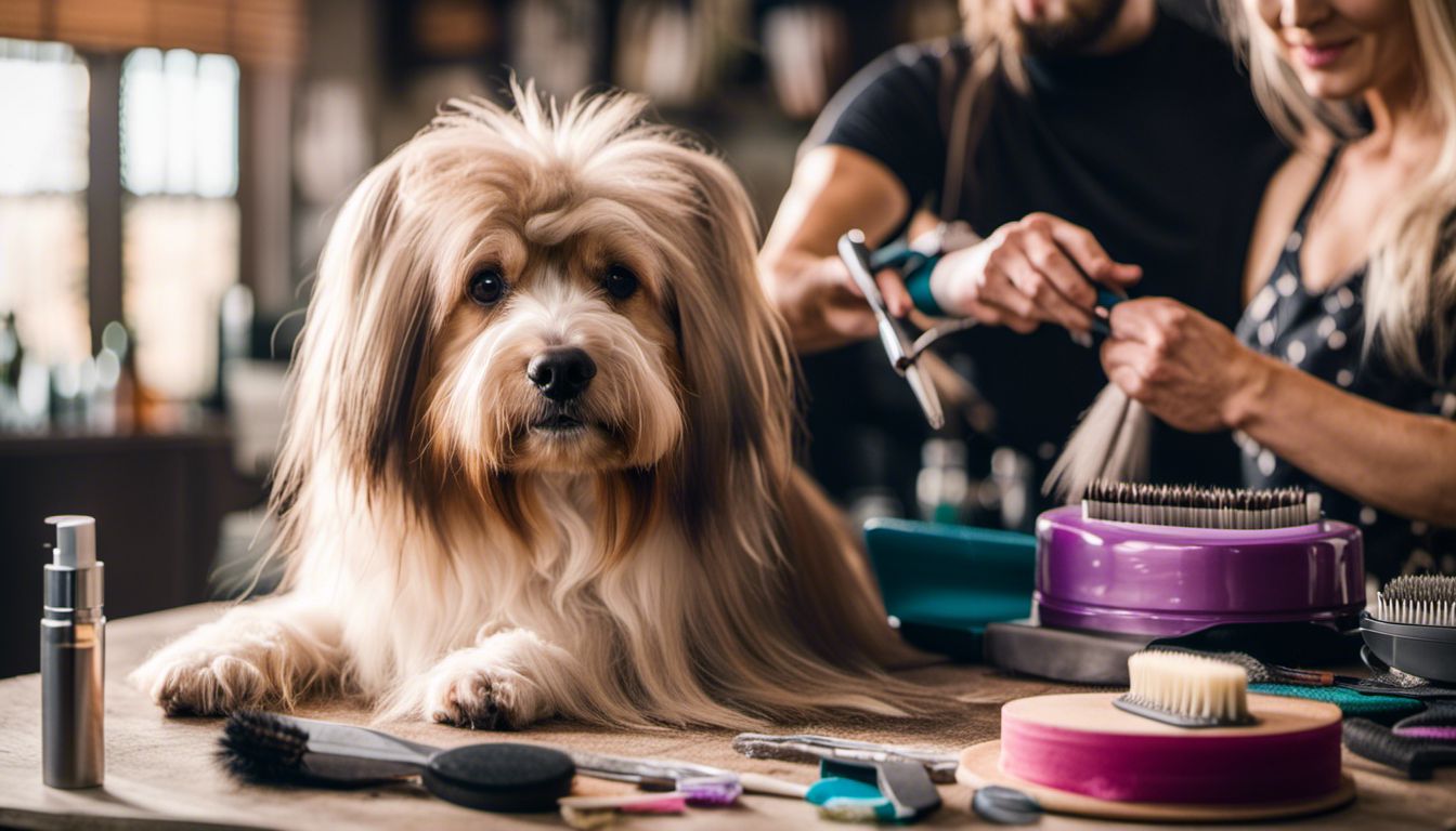 A dog being groomed with high-quality supplies in a colorful and bustling atmosphere. A dog being groomed with high-quality supplies in a colorful and bustling atmosphere.