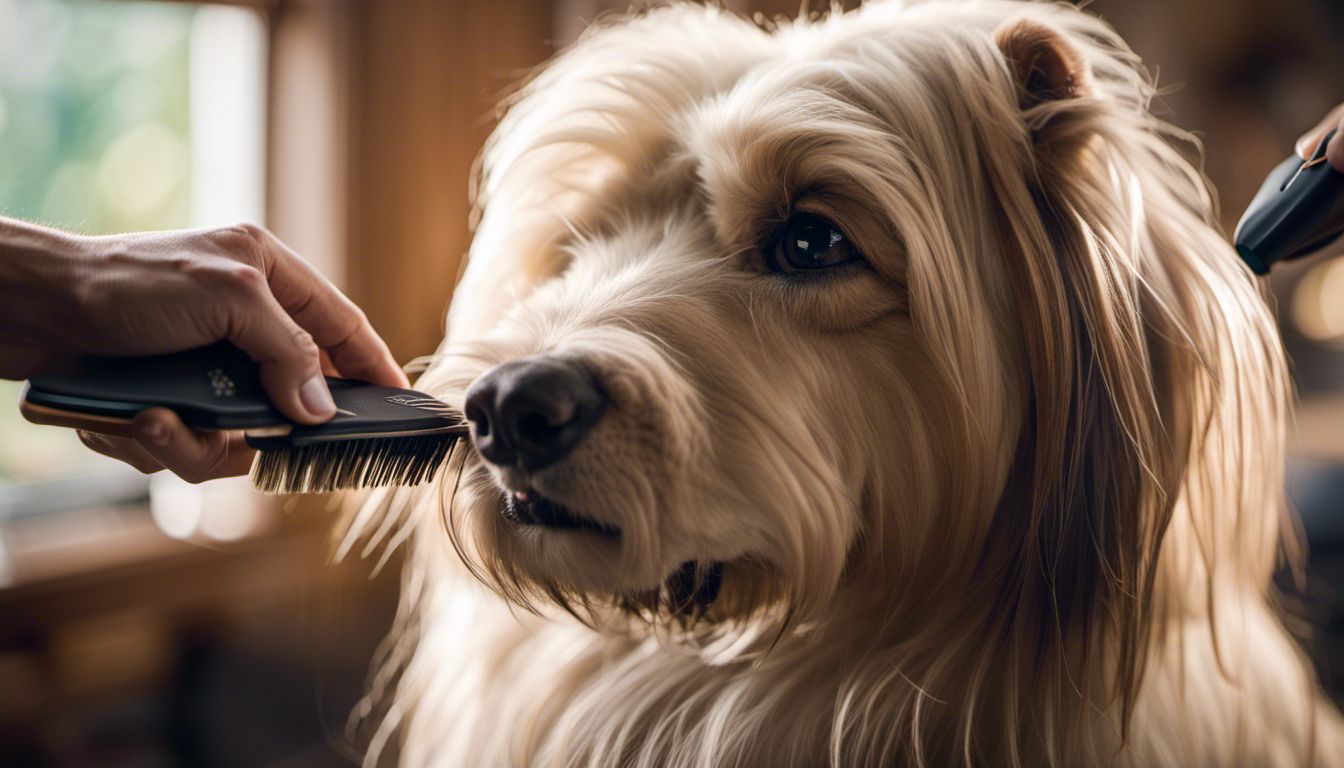 A close-up of a dog being groomed with a high-quality brush, featuring different human faces, hair styles, and outfits. A close-up of a dog being groomed with a high-quality brush, featuring different human faces, hair styles, and outfits.