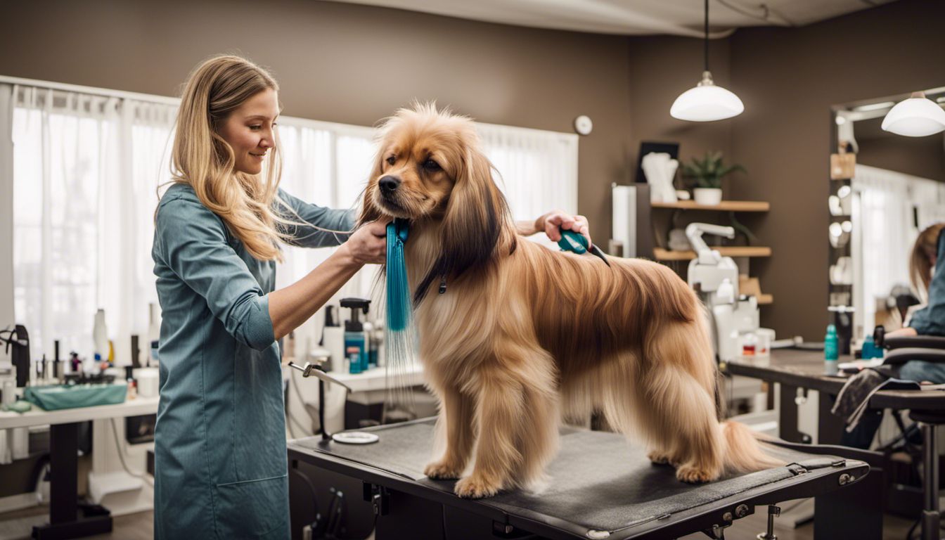 A groomer is brushing a long-haired dog to remove dead hair. The image features different faces, hair styles, and outfits. A groomer is brushing a long-haired dog to remove dead hair. The image features different faces, hair styles, and outfits.