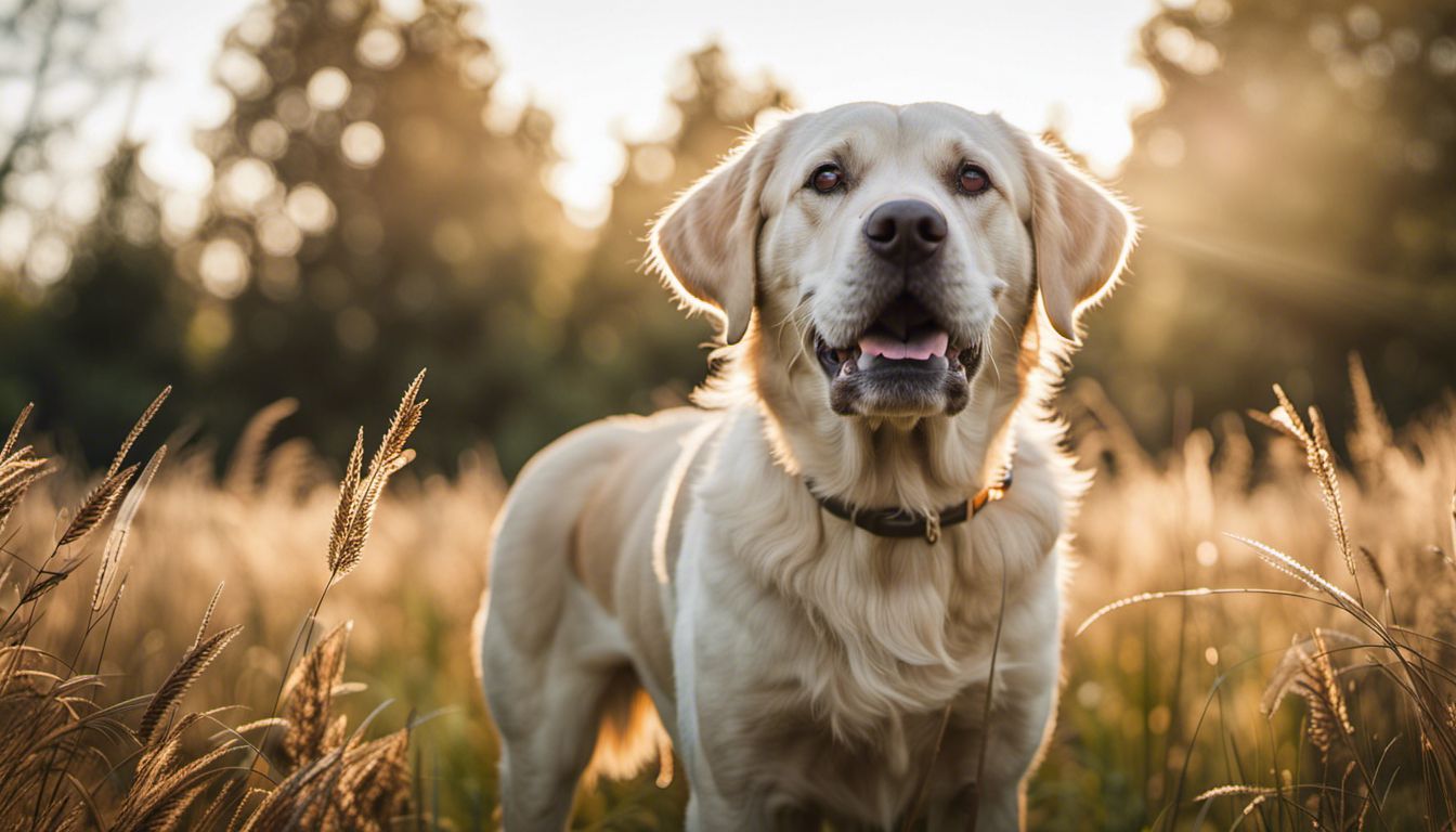 A happy Labrador Retriever in a grassy field surrounded by fallen dog hair, photographed from a wide angle perspective. A happy Labrador Retriever in a grassy field surrounded by fallen dog hair, photographed from a wide angle perspective.
