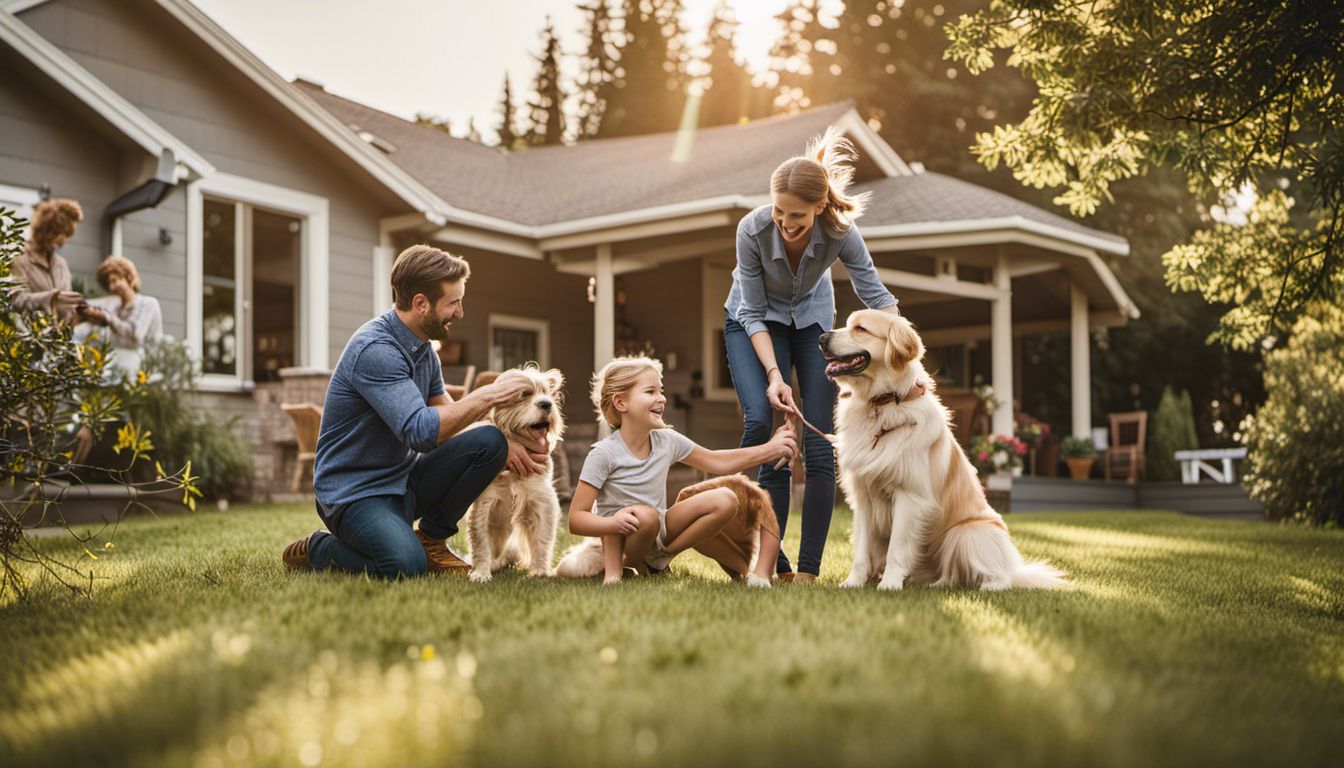 A Caucasian family happily playing with their dog in a spacious backyard, captured in a natural and cinematic style. A Caucasian family happily playing with their dog in a spacious backyard, captured in a natural and cinematic style.