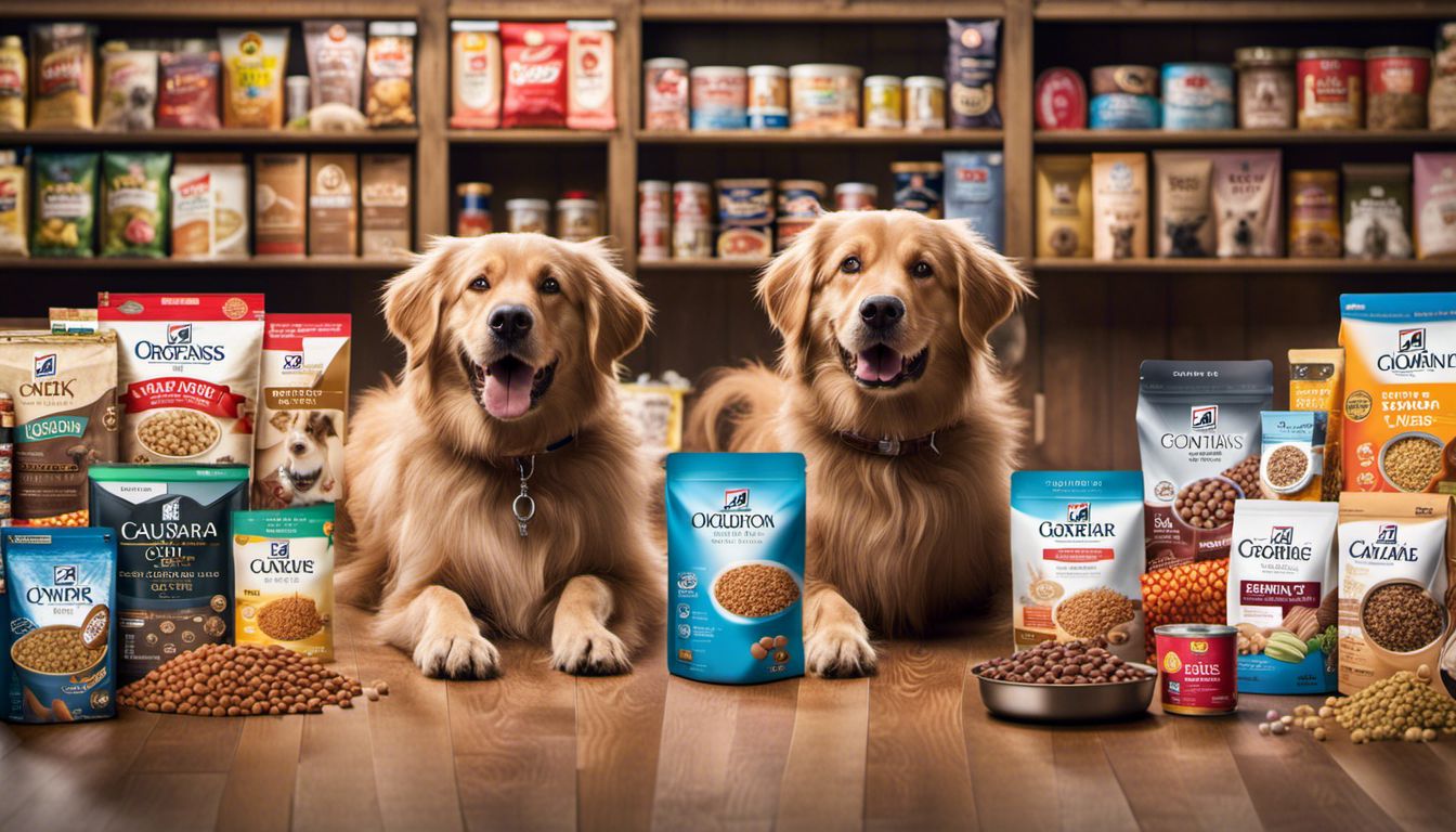 A dog surrounded by various dog food brands, with a bustling atmosphere and different people showcasing different styles. A dog surrounded by various dog food brands, with a bustling atmosphere and different people showcasing different styles.