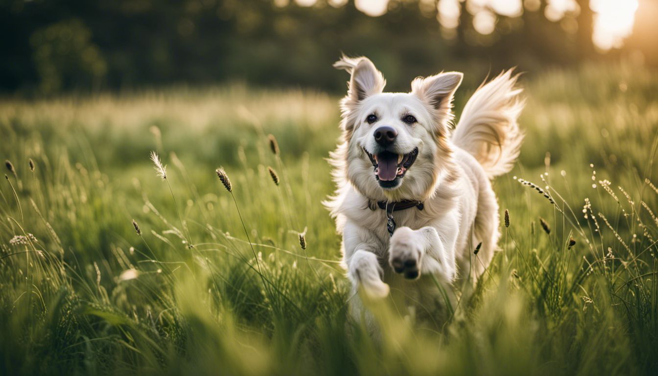 A happy dog playing in a green field with a variety of people, outfits, and hair styles. A happy dog playing in a green field with a variety of people, outfits, and hair styles.