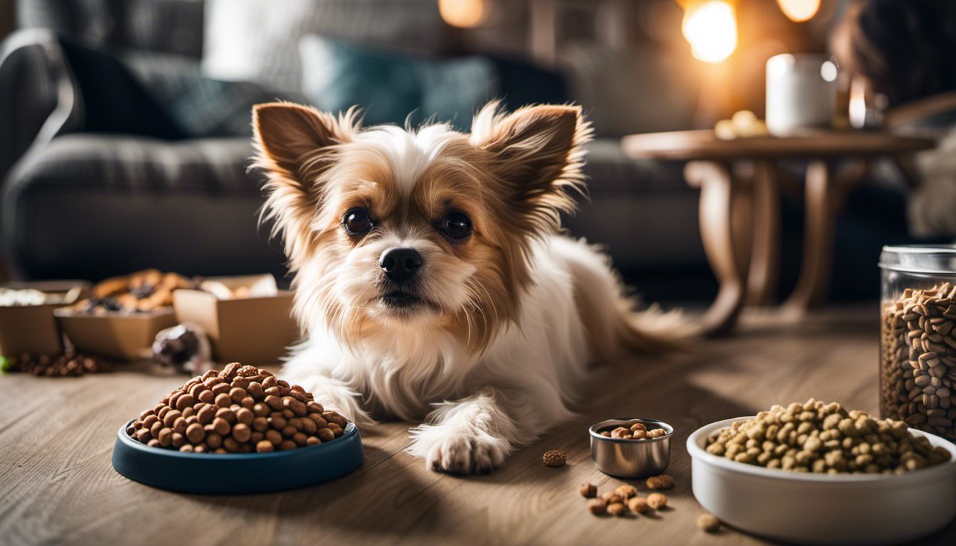 A happy small dog enjoying a variety of nutritious foods and treats in a vibrant and bustling setting. A happy small dog enjoying a variety of nutritious foods and treats in a vibrant and bustling setting.
