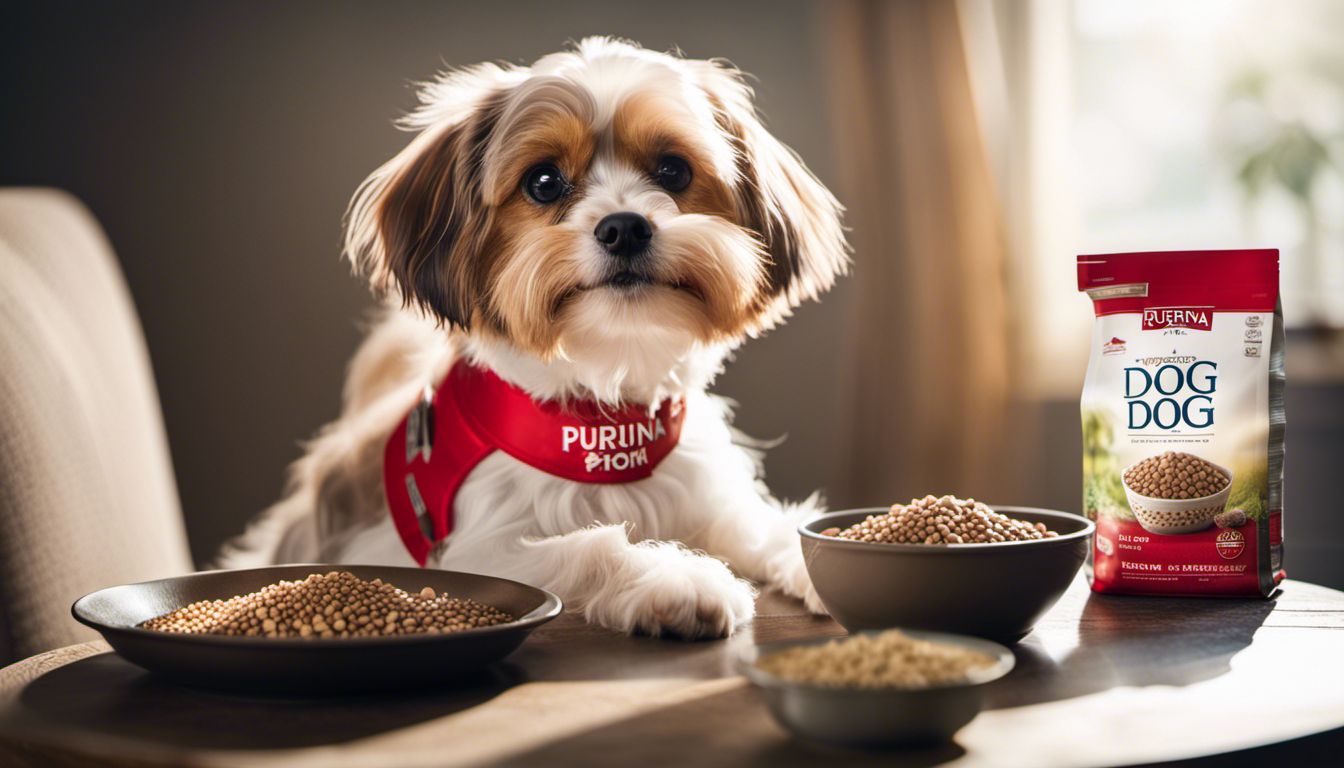 A small dog sits next to a bowl of Purina dog food in a variety of settings and outfits. A small dog sits next to a bowl of Purina dog food in a variety of settings and outfits.